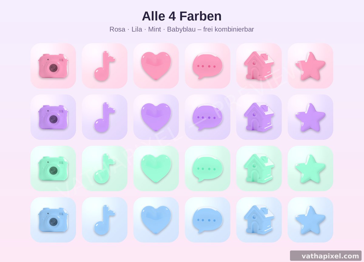 Bubble Gloss Icons in allen 4 Farben: Rosa, Lila, Mint, Babyblau