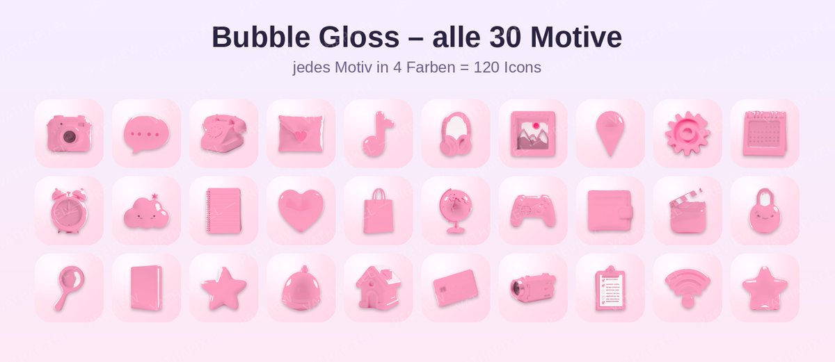 Raster aller 30 Bubble Gloss Icon-Motive