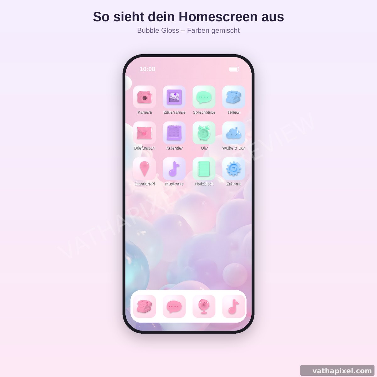 iPhone-Homescreen mit Bubble Gloss Icons in Pastellfarben
