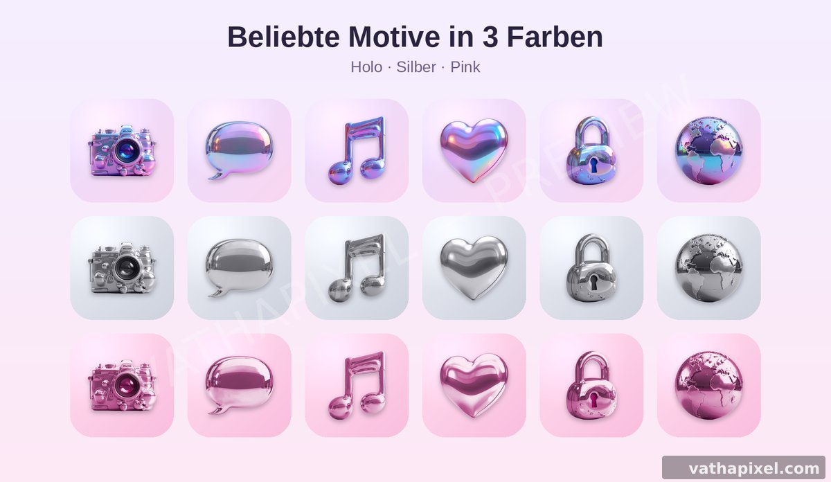 Chrome Dreams Icons in 3 Farben: Holo, Silber, Pink
