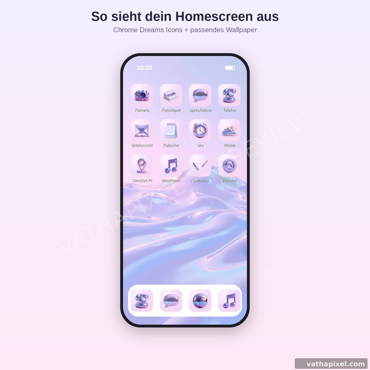 iPhone-Homescreen mit Chrome Dreams Icons in Silber und Pink