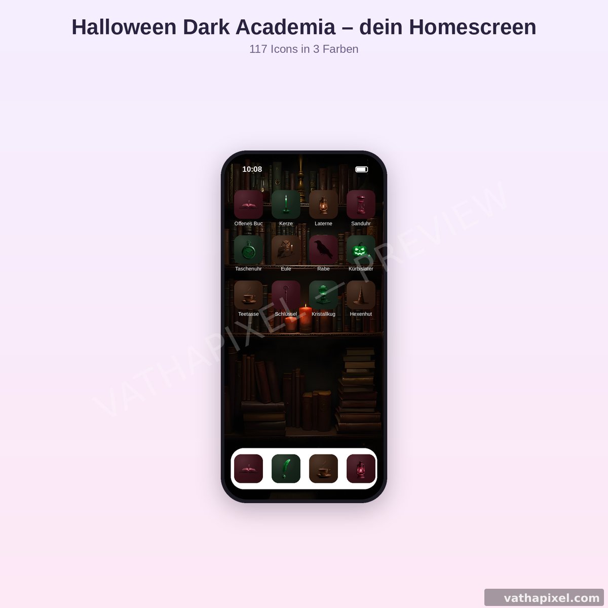 iPhone-Homescreen mit Dark-Academia-Icons