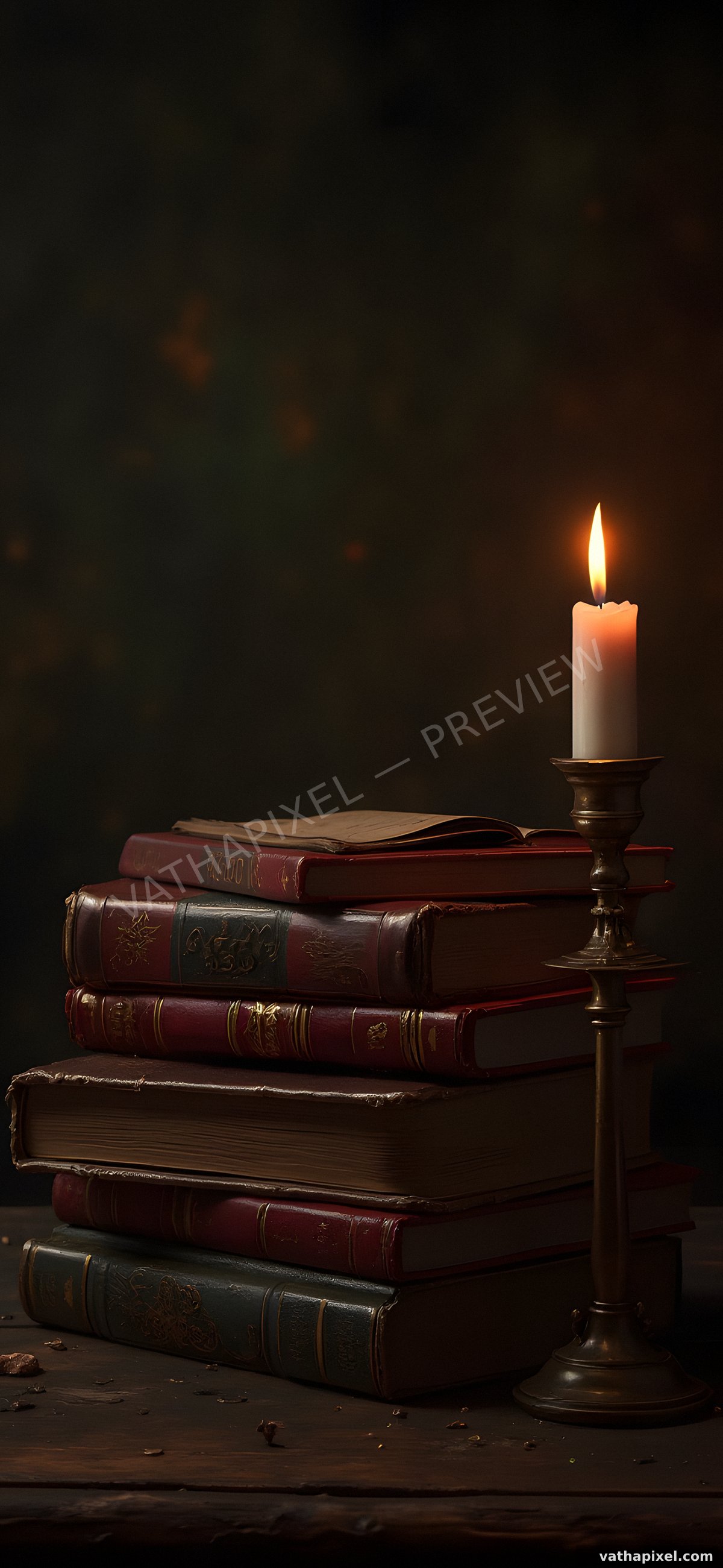 Halloween Dark Academia: Wallpaper Bücherstapel mit Kerze