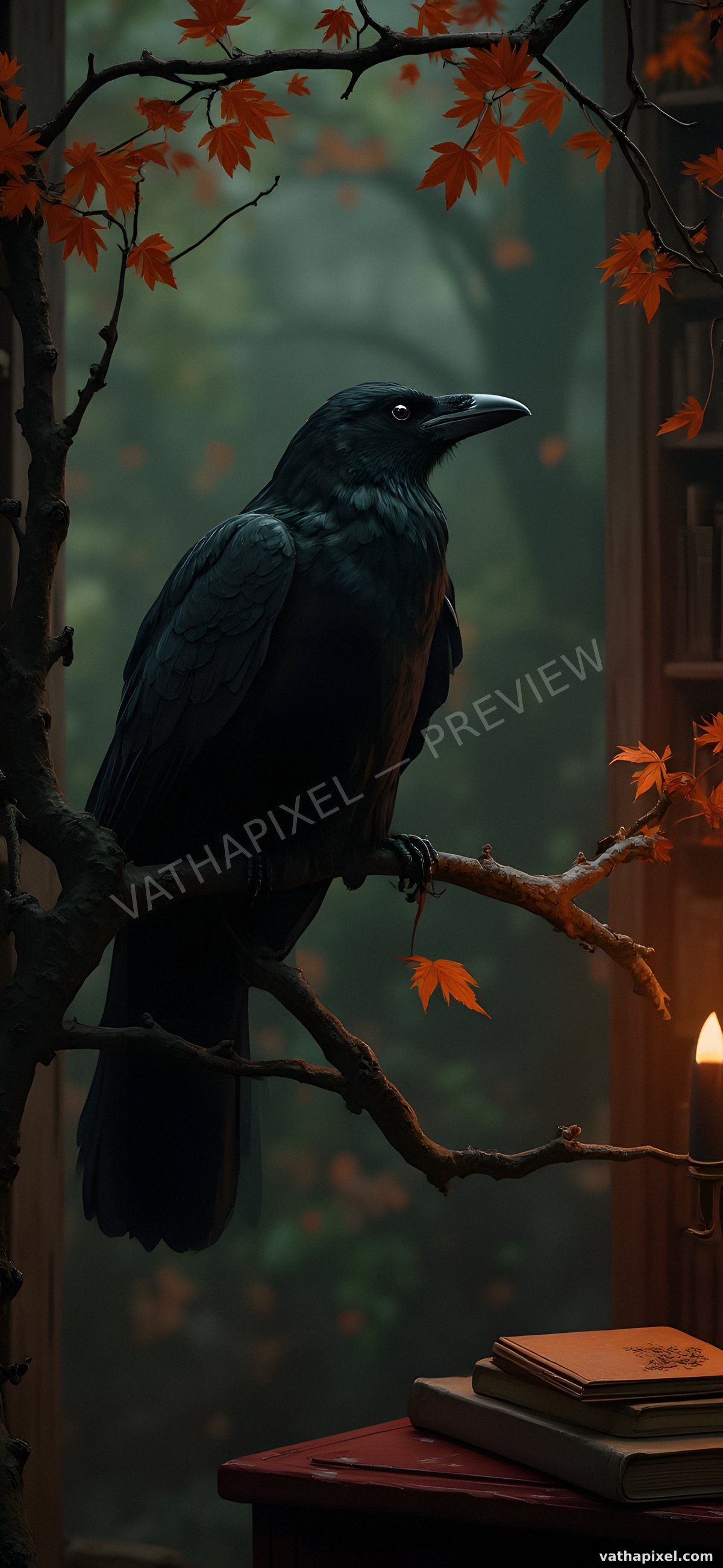 Halloween Dark Academia: Wallpaper Rabe auf dem Ast
