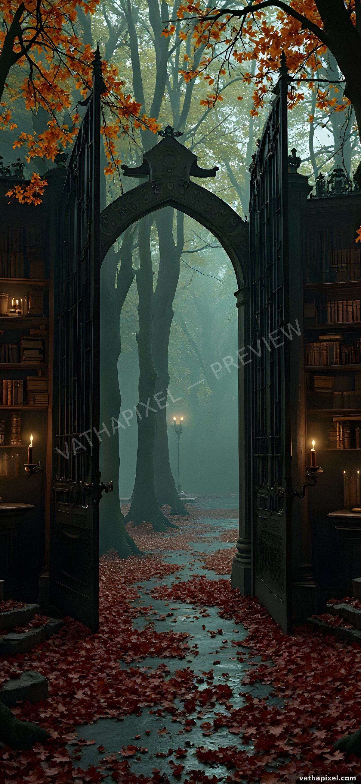 Halloween Dark Academia: Wallpaper Tor im dunklen Wald