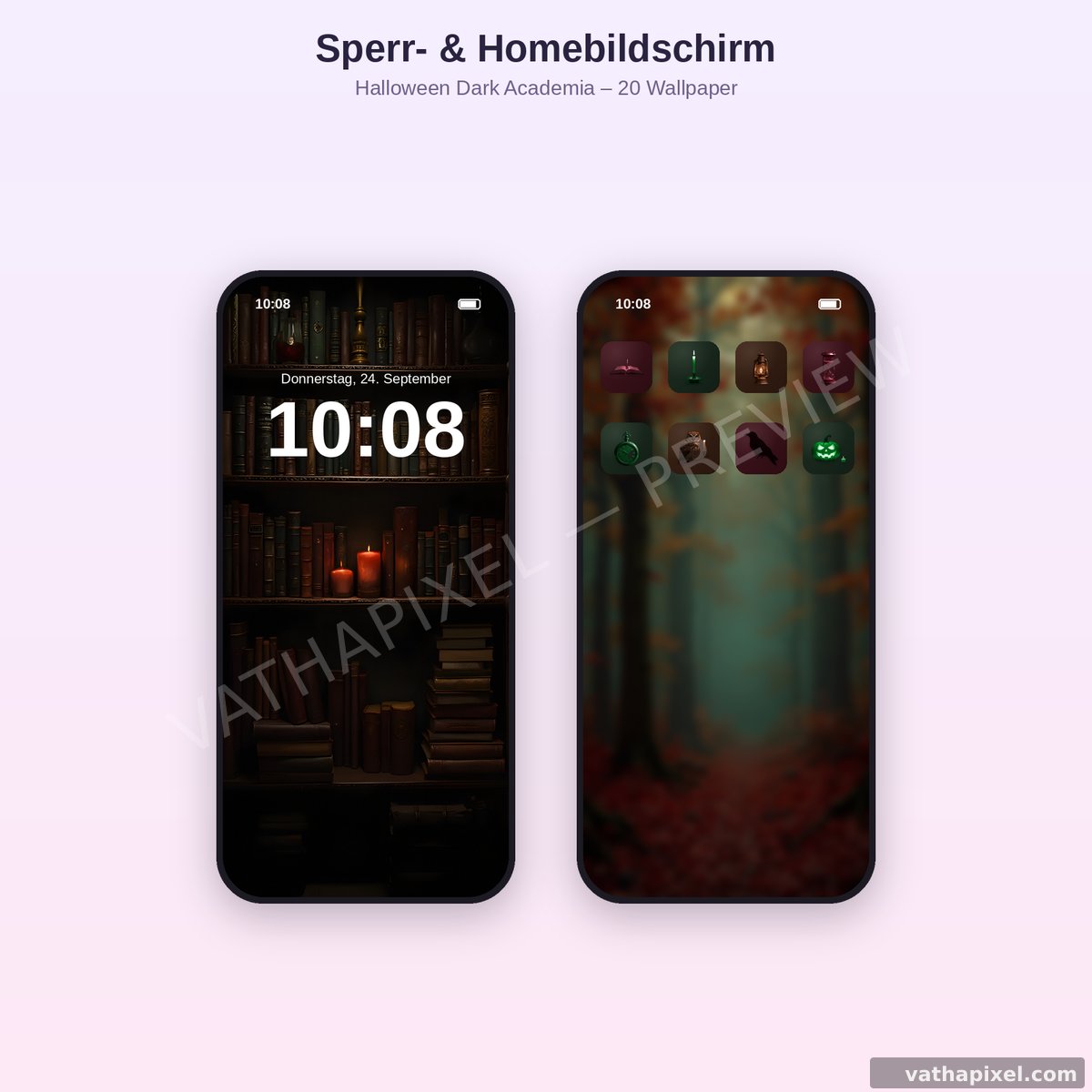 Zwei iPhones mit Dark-Academia-Wallpaper