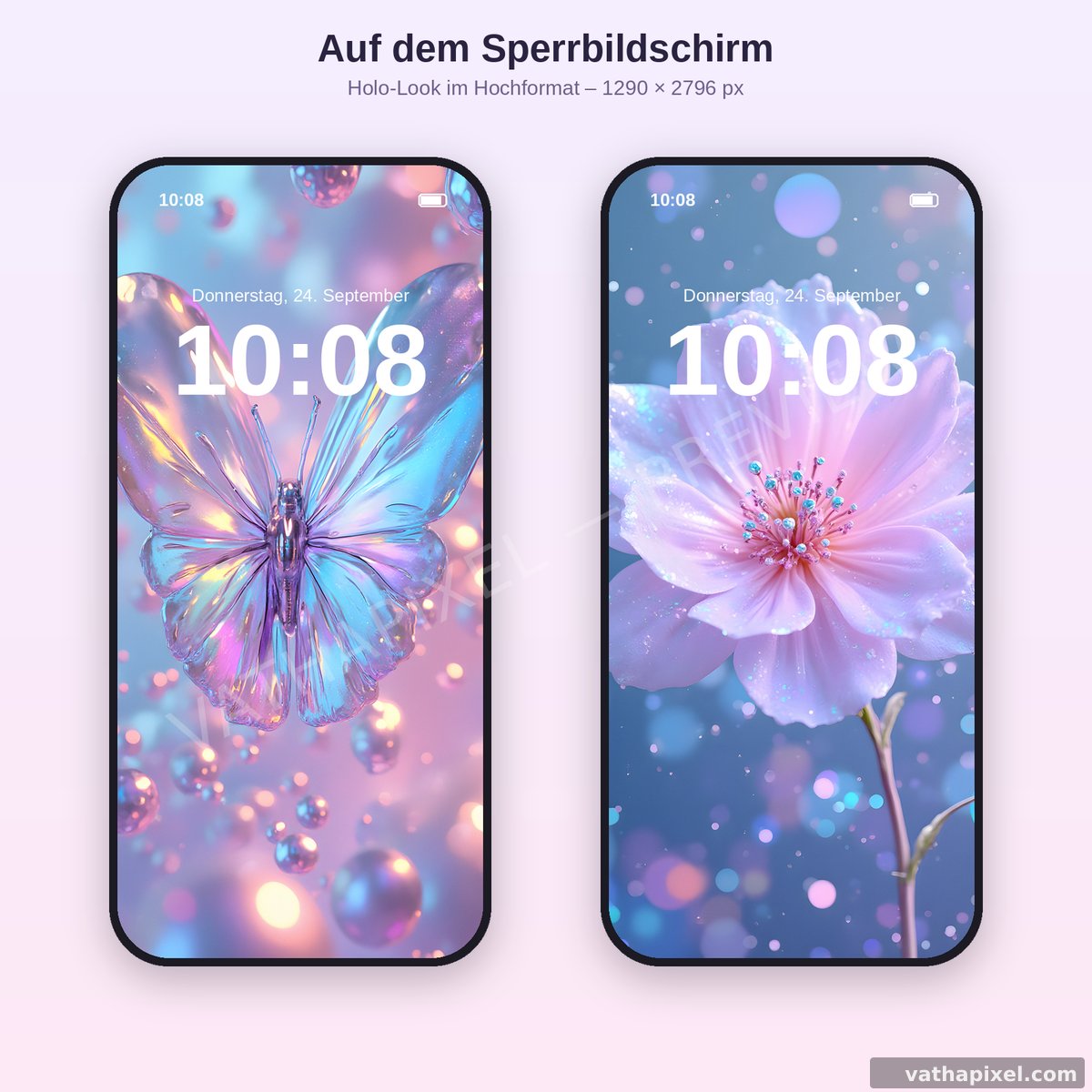 iPhone-Sperrbildschirm mit holografischem Wallpaper, Schmetterlingen und Pixel-Sternen