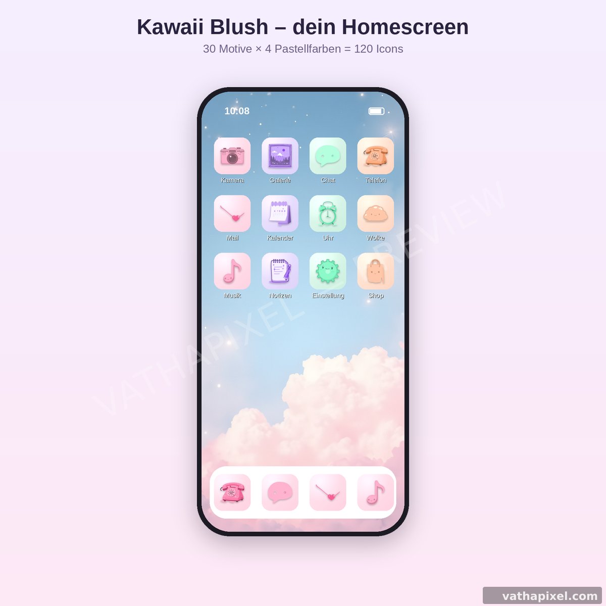 iPhone-Homescreen mit Kawaii Blush Icons in Pastellfarben