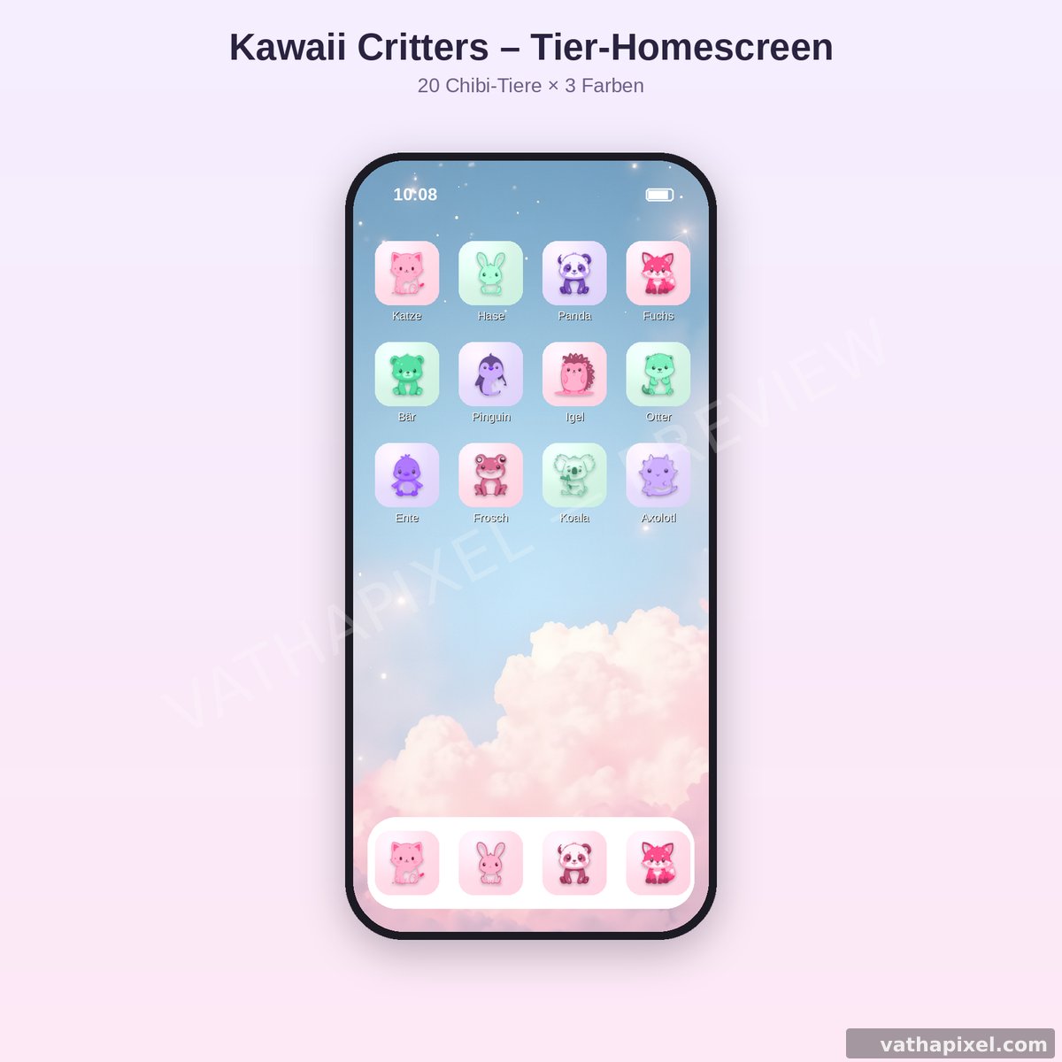 iPhone-Homescreen mit Kawaii Critters Tier-Icons