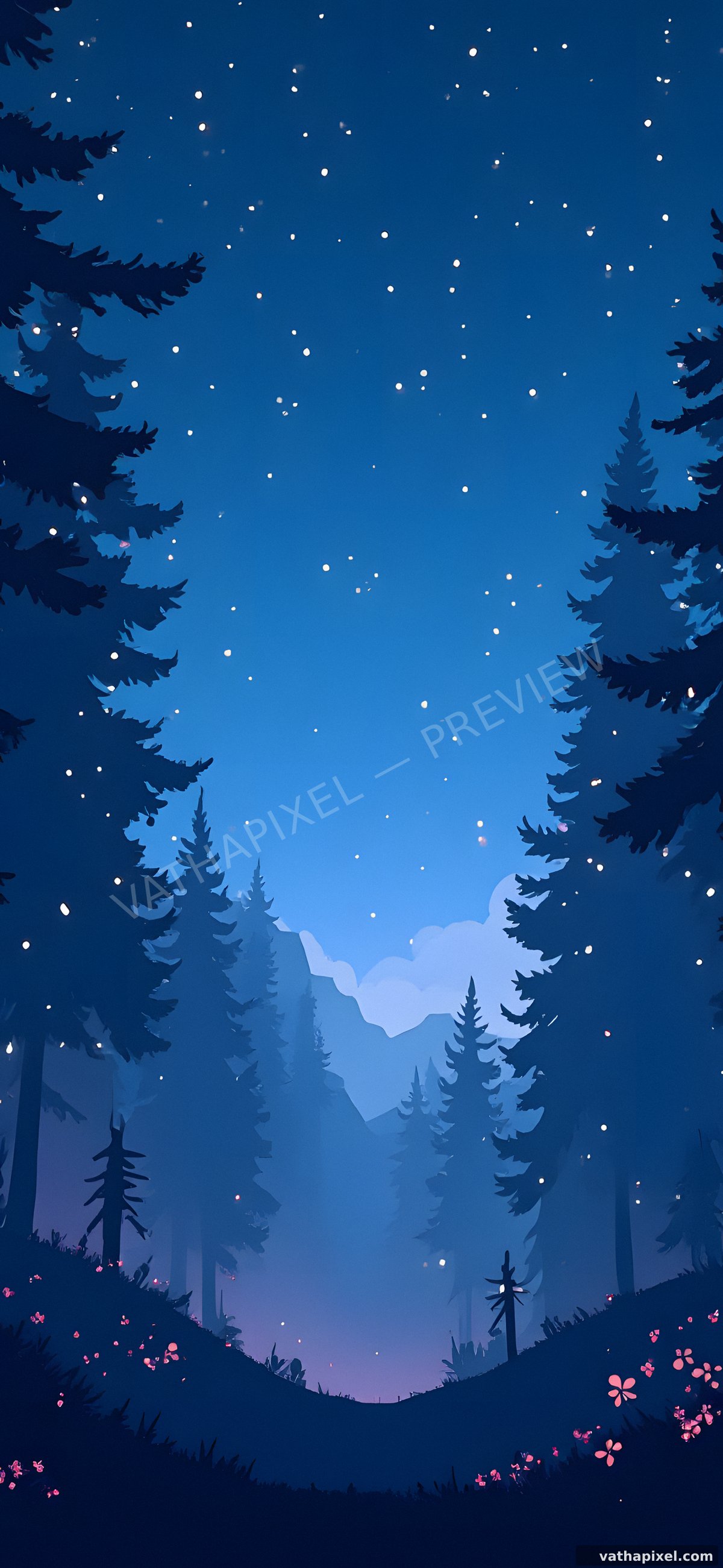 Kawaii Sparkle Wallpaper Nachtwald mit Lichtern