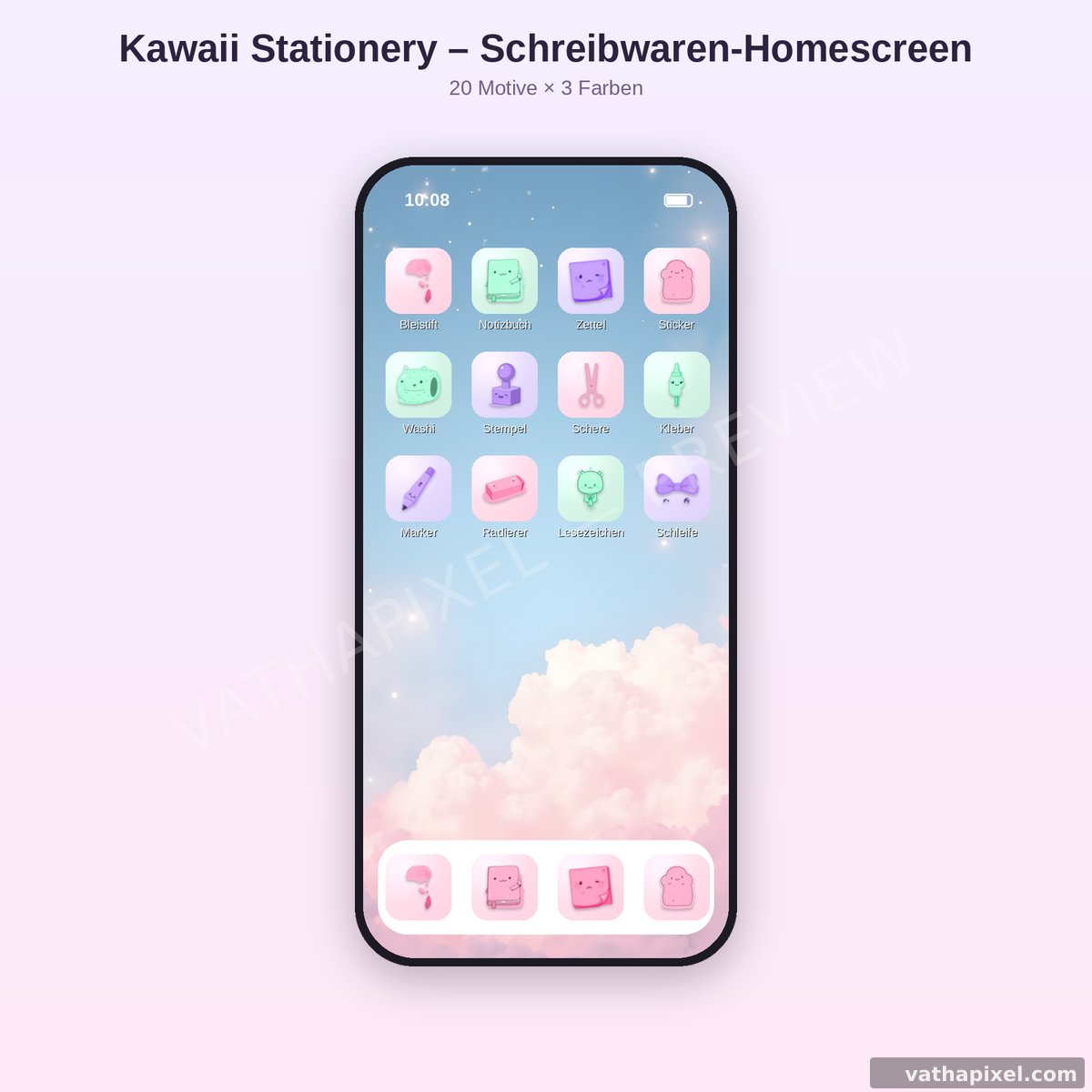 iPhone-Homescreen mit Kawaii Stationery Icons