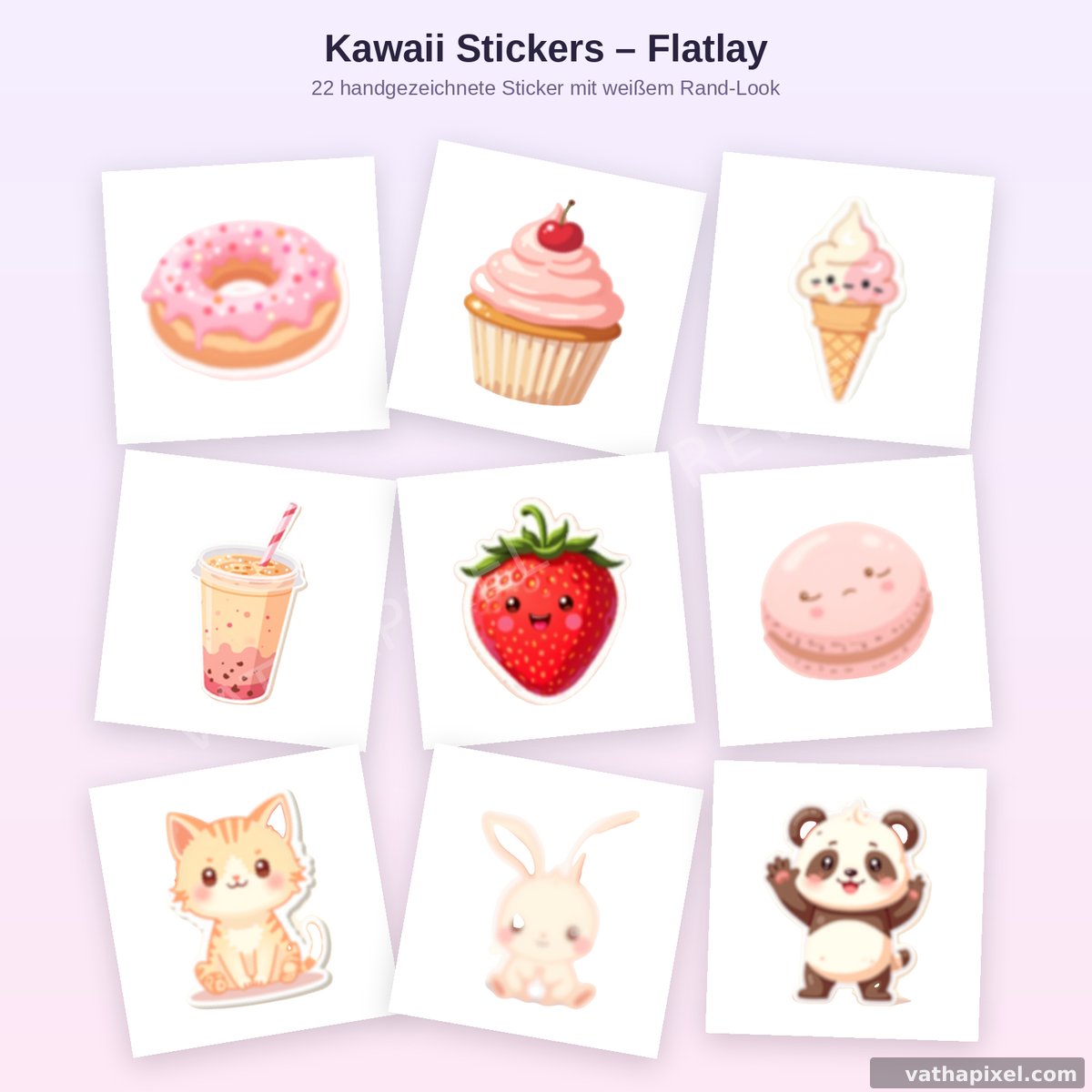 Kawaii Sticker-Flatlay mit Donut, Katze, Bubble Tea und mehr