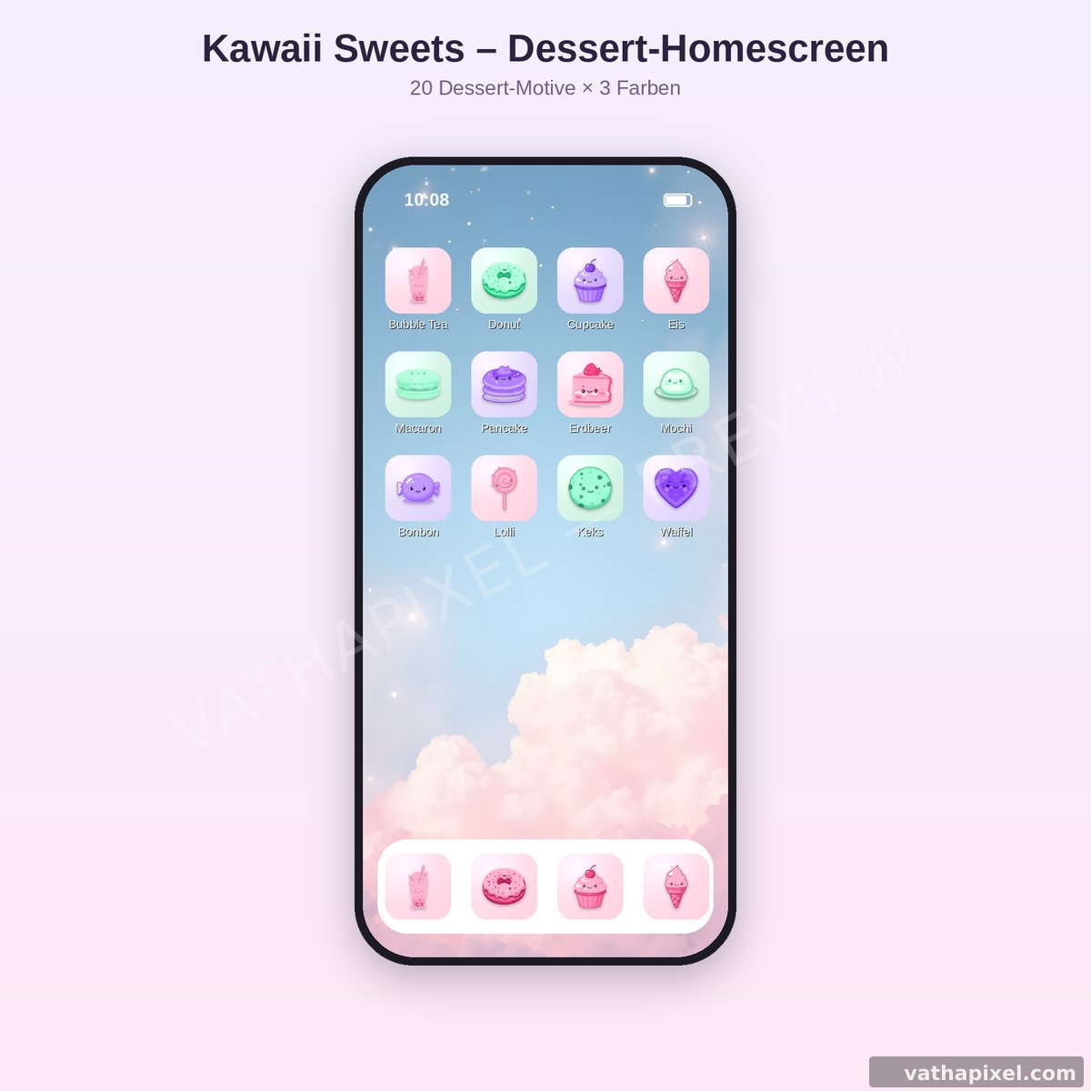 iPhone-Homescreen mit Kawaii Sweets Dessert-Icons