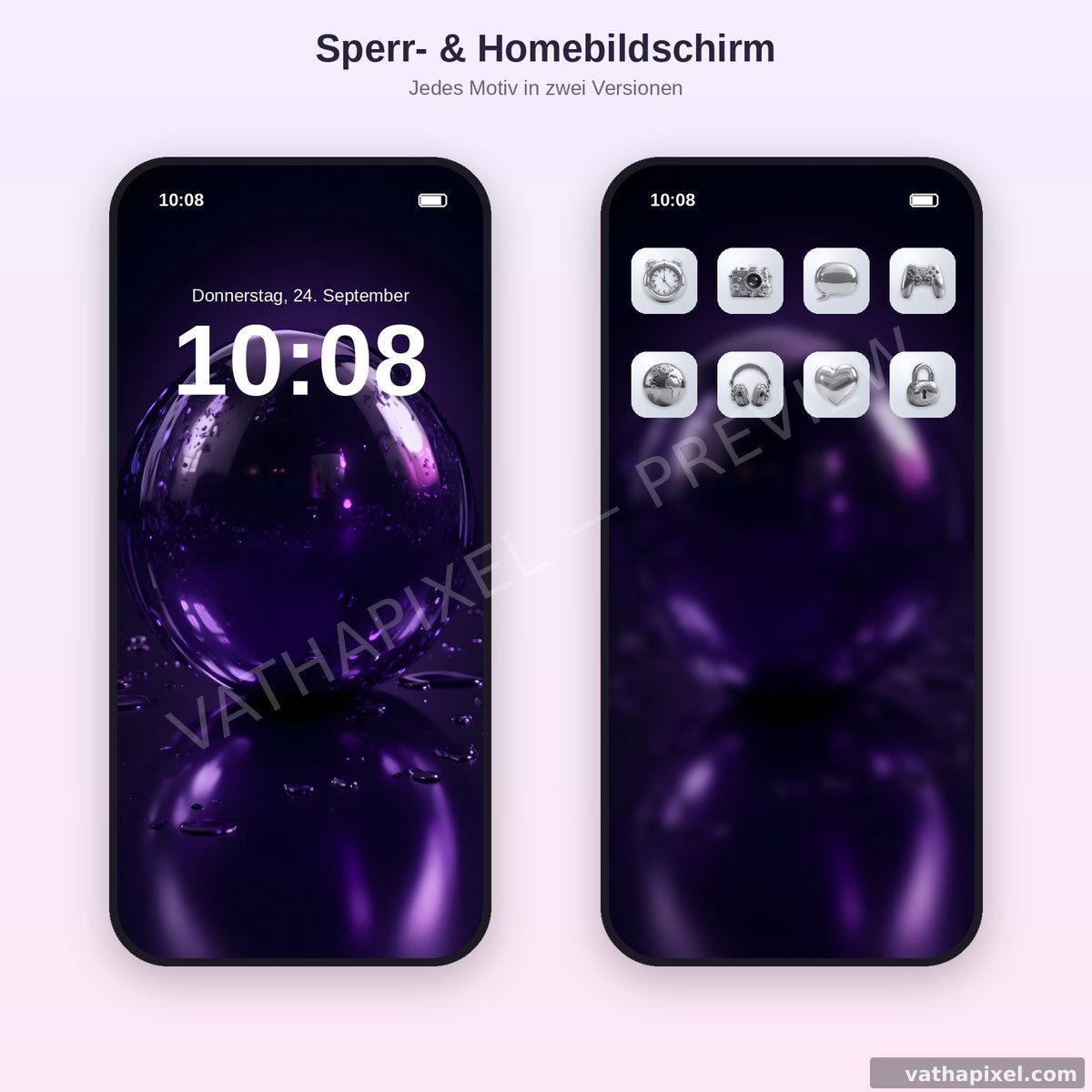 iPhone-Sperrbildschirm mit dunklem Liquid-Chrome-Wallpaper in Mitternachtslila